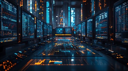 Futuristic server room with glowing monitors displaying data streams.