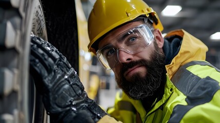 Diagnostics and testing for effective mechanics repair. A focused worker in safety gear inspects a large tire, showcasing dedication and attention to detail in an industrial setting.