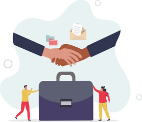 Deal sealed and successful contract agreement handshake .Final collaboration moment with future company partnership.flat characters.