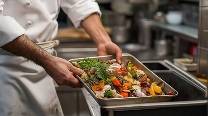 Close up of a chef hands holding a tray filled with organic food scraps, such as vegetable peels, fruit rinds. Sustainable waste management practices in a restaurant. Zero waste concept