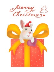 A festive holiday card featuring a cute bunny peeking out of a gift box with a bow. The design captures the warmth and joy of the season, perfect for sending Merry Christmas wishes and holiday cheer