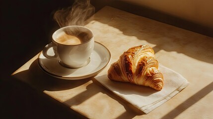 A croissant on a napkin beside a steaming coffee cup, with soft, long shadows from early morning light