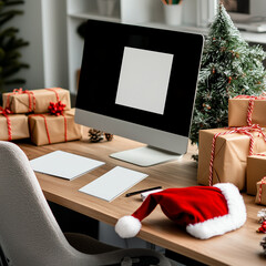 Holiday Workspace with Laptop, Santa Hat, and Wrapped Gifts