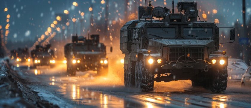 A convoy of military vehicles drives through a rainy city at night, headlights reflecting off the wet road. Large armored trucks and tanks, including an MRAP, move in a double-file formation,