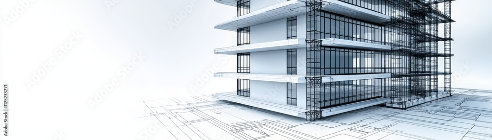 Poster a modern architectural rendering of a multi-story building under construction, showcasing steel fram