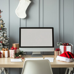 Holiday Workspace with Laptop, Santa Hat, and Wrapped Gifts