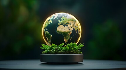 A Glowing Earth: A symbolic representation of our planet, glowing with a golden light, set amidst lush greenery, emphasizing sustainability and environmental consciousness.  