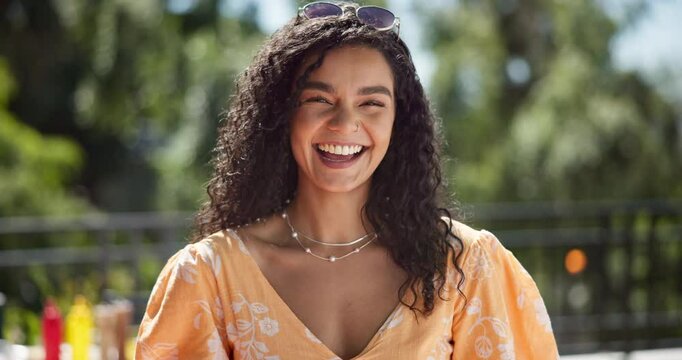 Smile, outdoor and face of woman in nature with positive attitude for fun with confidence. Happy, relax and portrait of female person from Brazil laugh for comedy or comic joke on balcony at house.