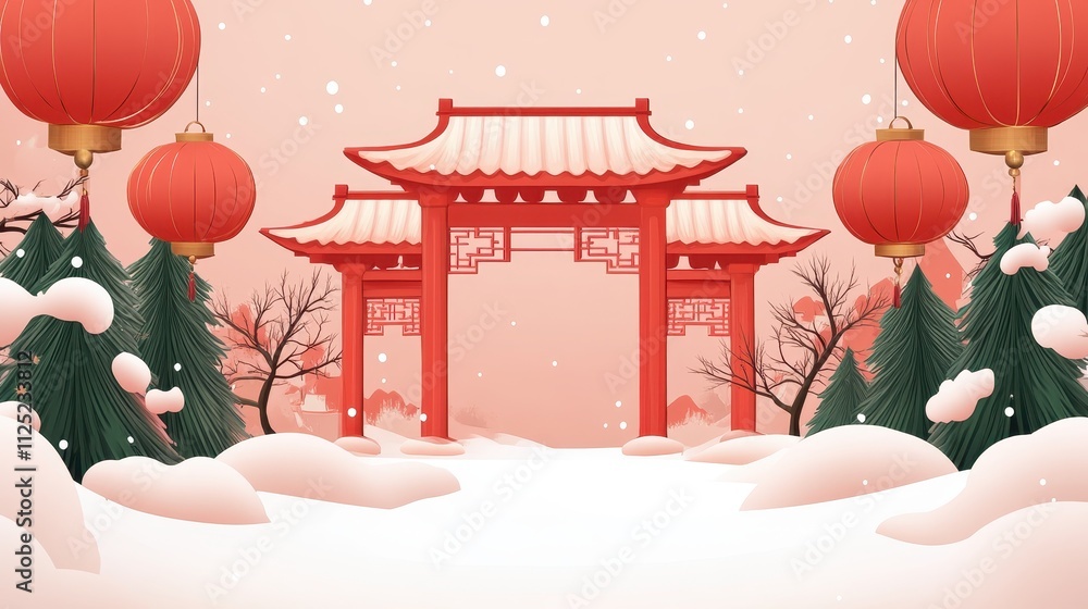 Poster a red and white background with a red archway and red lanterns
