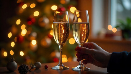 Festive Champagne Toast Christmas Tree and Lights with Bokeh and Glitter