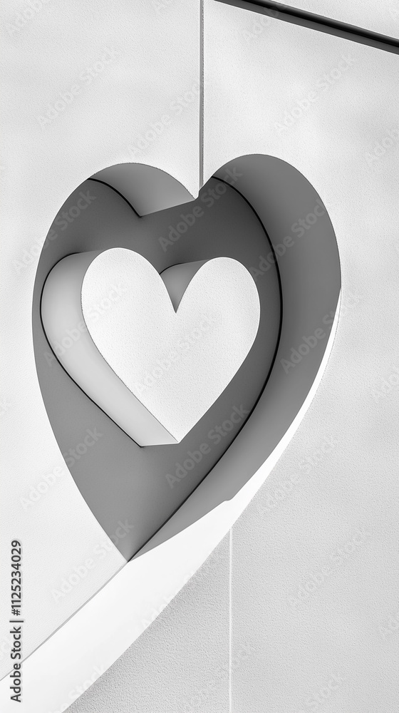 Poster shadows form a unique heart shape on a textured building wall, highlighting the architectural design