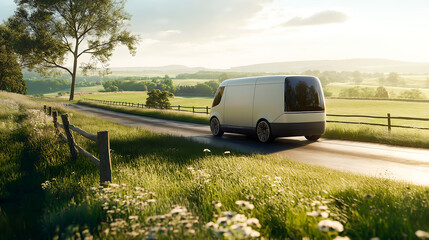 Futuristic electric van driving along a country road. Advanced technology and the simplicity of rural life. Perfect for sustainable wine tourism and eco-travel promotions