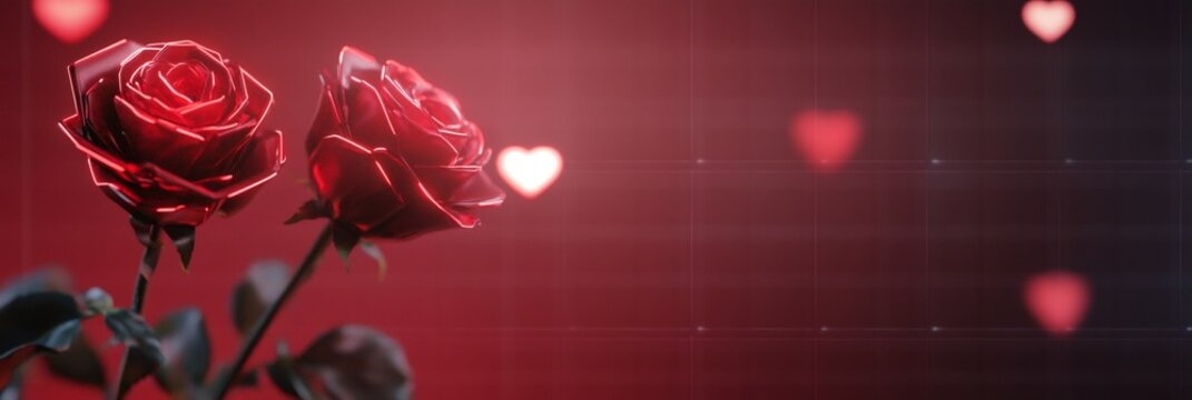 cyberpunk valentine card, valentines day card with cyberpunk style metallic roses and neon petals, set against a high-tech grid background, with space for text - Powered by Adobe