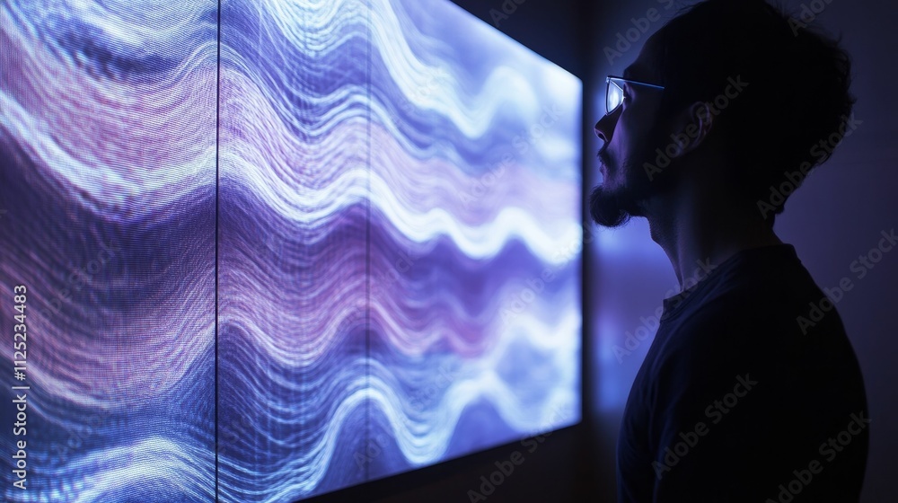 Poster man observes large screen; abstract, wavy light patterns.