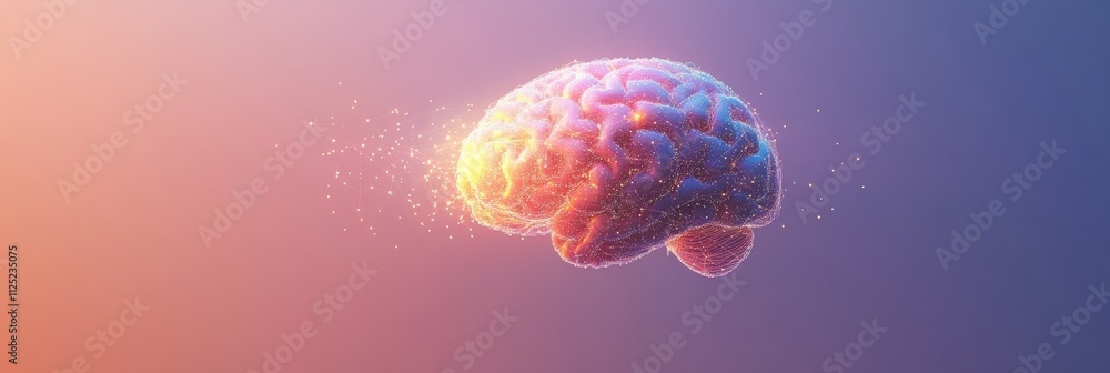 Aufkleber A glowing representation of a brain made up of interconnected light points and lines is featured in a vibrant gradient background, perfect for text. Generative AI