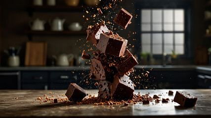 Freeze Motion Shot of Exploding Chocolate Chunks