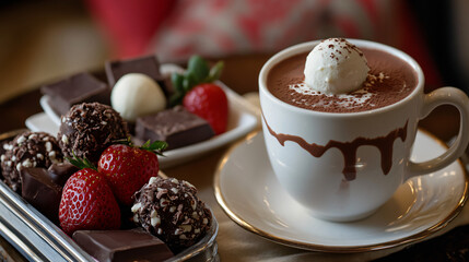 Hot chocolate served with a side of chocolate truffles and fresh strawberries.