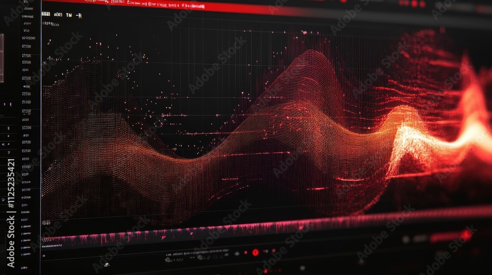 Poster red digital waveform data on screen.