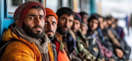 Refugees wait in line, showing expressions of hope and apprehension.