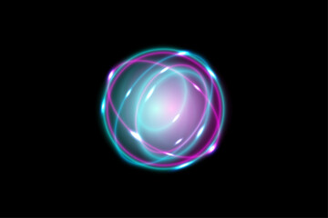 Colorful Neon Circle Round On Black Background. Glowing Light. Banner. Abstract Technology Wallpaper. Illustration. Futuristic. Minimal