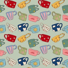  pattern of cute hand painted cup design elements for stickers, menus, banners, invitations, towels and more