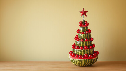 Juicy, delicious, and healthy watermelon forming a Christmas tree with Christmas ornaments on a solid yellow background, in the spirit of Christmas and New Year