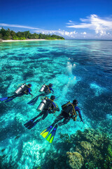 Divers exploring vibrant coral reef in tropical paradise