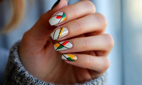 Stylish geometric nail art featuring vibrant colors and patterns.