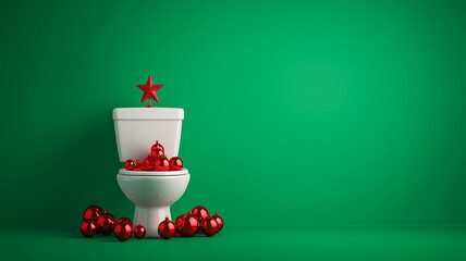A creative and original arrangement of a toilet bowl decorated with red Christmas ornaments and a star on top, on solid mint green background, in the spirit of Christmas and New Year