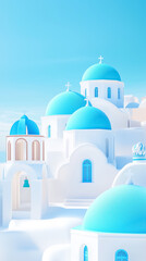 A couple strolls among the charming white buildings of Santorini, admiring the distinctive blue domes in warm sunlight