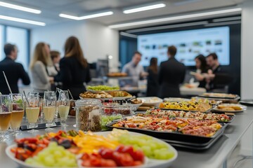 Employees gathered during a business function in an office. Drinks and food in a conference or meeting space. Generative Ai