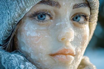 A close-up of a frozen figure with icy features and blue eyes, evoking a winter theme.