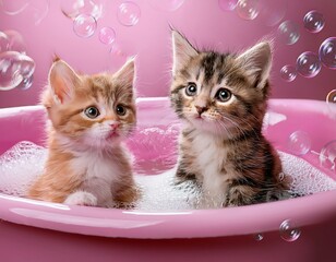 Generated image Playful kittens in a pink bathtub with soap bubbles everywhere