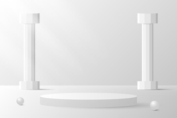 White Podium Stage On Studio Background With Pillars And Balls. Abstract Business Wallpaper. Minimal Banner. Vector Illustration