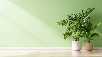 Green wall with potted plants, sunlight, and wooden floor.
