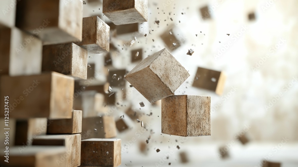Aufkleber exploding cubes; fragments fly; dusty texture.