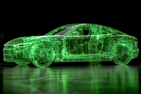 Futuristisches Fahrzeug mit digitalem gr&uuml;nen 3D-Scan und technologischem Design
