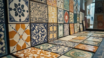 Naklejka premium Vibrant ceramic tile collection a close-up view of colorful art studio design inspiration