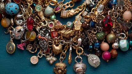 Charming collection of unique bracelets featuring small charms artisanal market jewelry display rustic setting close-up view