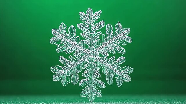 One large snowflake showcasing its fine details surrounded by a gentle green hue. Green screen chromakey