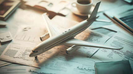 A small model airplane on top of medical documents. Travel planning and ensuring health and safety. Travel and health insurance concept

