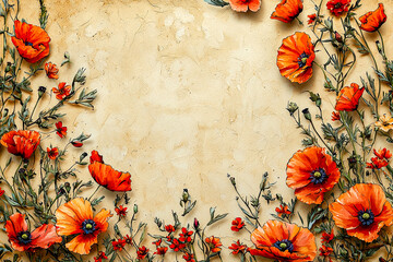 Romantic spring card featuring airy watercolor of blooming poppies framing a warm, textured vintage background, Valentine's Day card