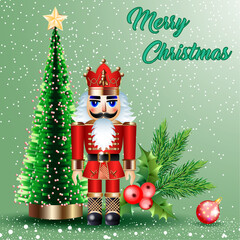 Christmas illustration, a nutcracker near the Christmas tree, holi berries, fir branches and a ball on a green background.