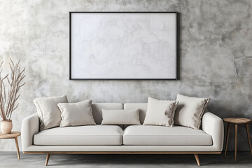 white couch with pillows and a black framed picture on the wall. The couch is the main focus of the image, and the black frame adds a touch of elegance to the room