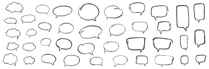 Oval and square chalk, crayon hand drawing speech bubble set. Vector stock grunge texture illustration on white chalkboard background for design template business presentation, school education.