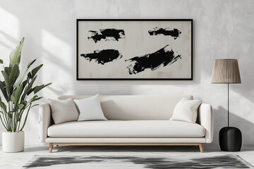 black and white painting hangs on the wall above a white couch. The painting is abstract and has a modern feel to it. The room is well-lit and has a minimalist design