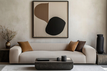 large couch with pillows and a vase of flowers on a table. The couch is white and brown striped