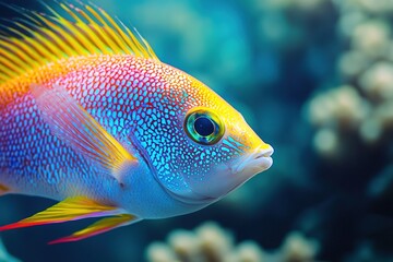Colorful sea fish near the vibrant colored reef in the depts of an ocean. Generative Ai