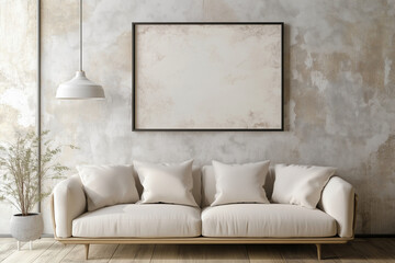 white couch with a black vase and a white pillow on it. The couch is in a room with a white wall and a black arch