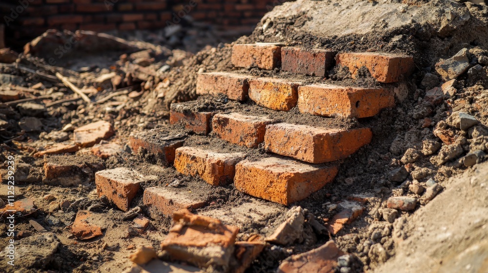 Poster construction progressbrick steps with mortar in urban site detailed view building concept constructi